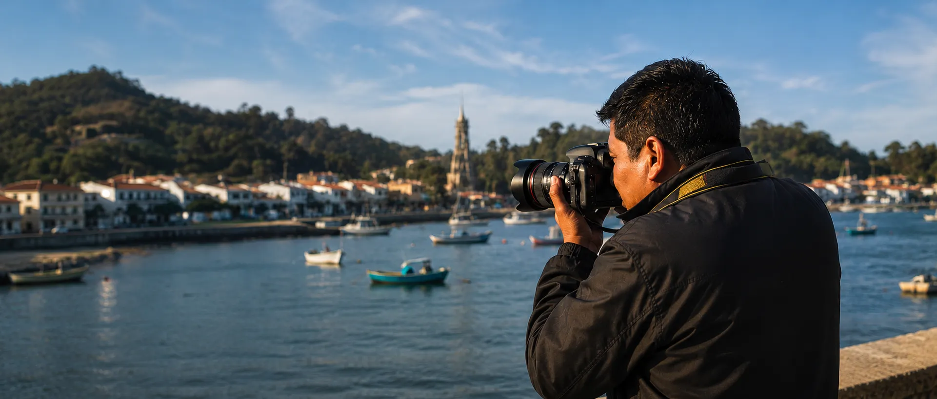 Carlos Ayasta fotografiando en la caleta de Monsefú al atardecer